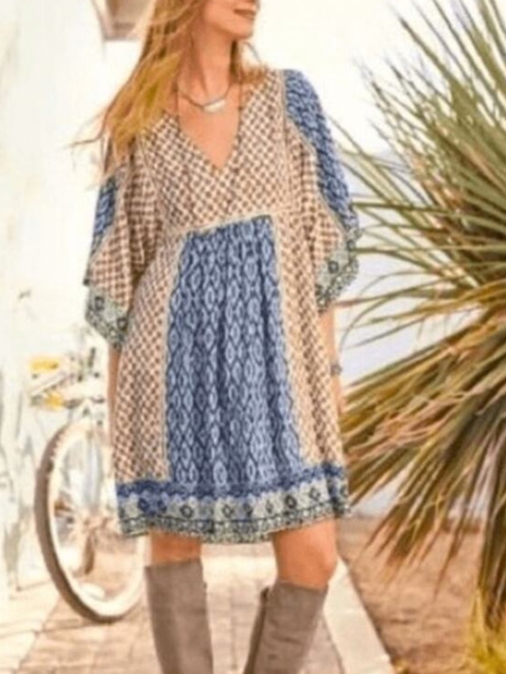 SUNDANCE Blue & Tan Mixed-Print Boho Peasant Tunic dress